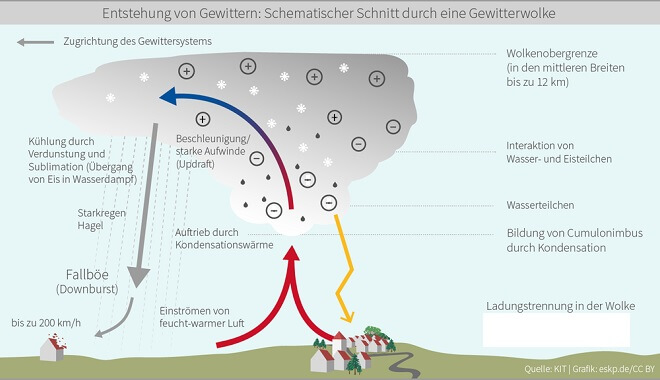 Schema Ladungstrennung in einer Gewitterwolke